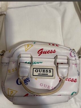 Guess White Mini Crossbody Bag with Multicolor Logo Print